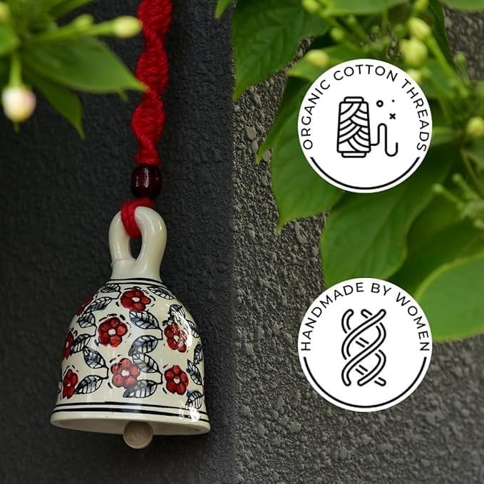 Image of RHD Bring Harmony Home - with The Soothing Chime of Macrame Symphony Ceramic Bells! inch Set of 3 Ceramic Hanging Bells Large Size(5 inches) with Hooks for Wall,Home, Garden Decor