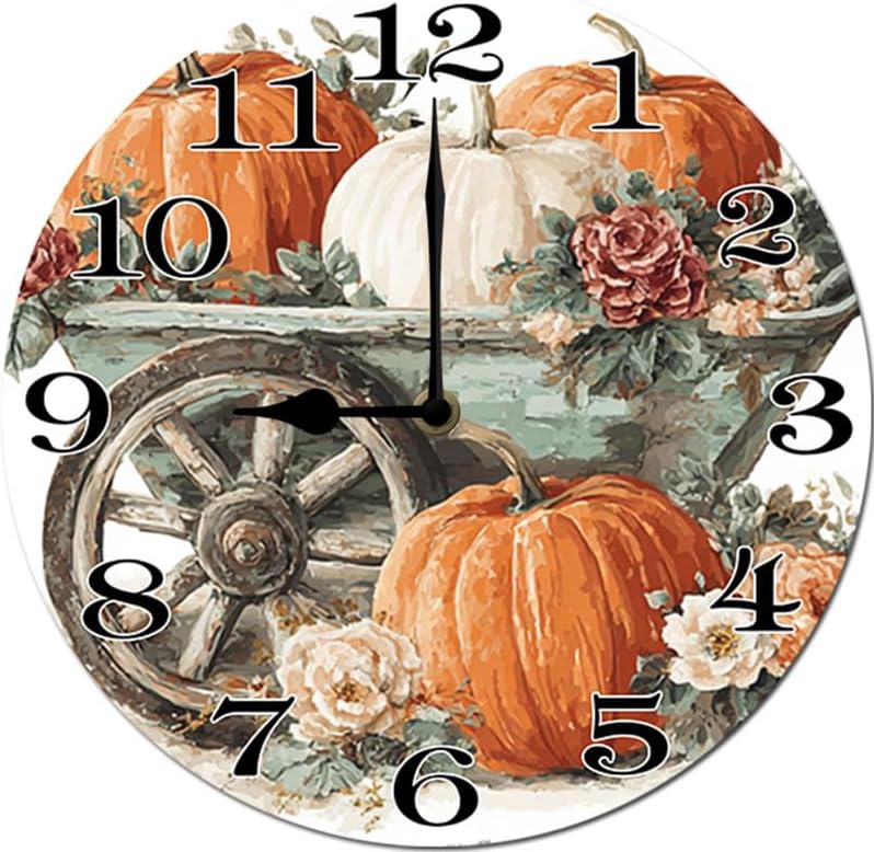 Miniatura 9 de Reloj colgante de madera con parche de calabaza, reloj de pared redondo de madera, silencioso, sin tictac, funciona con pilas, números arábigos,