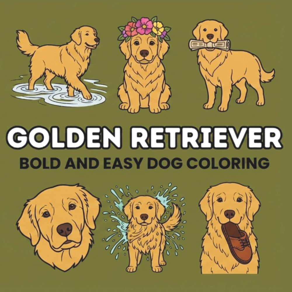 Golden Retriever Coloring Book: 50 Bold and Easy Designs: Simple Dog Illustrations for Kids, Seniors, and Stress Relief (The Puppy Palette: Bold & Easy)