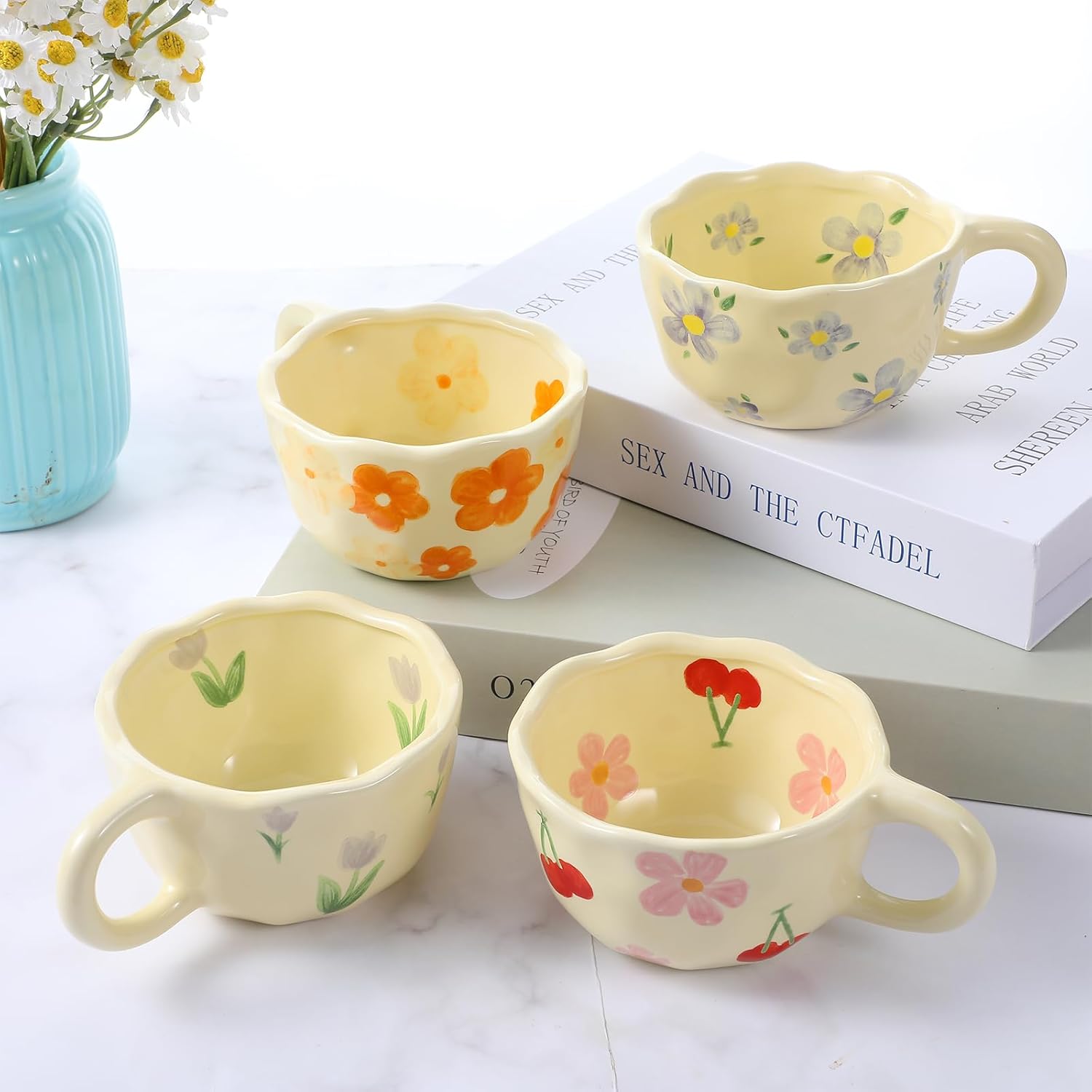 4 Styles Cute Ceramic Flower Coffee Mug Set 8.5 oz Vintage Aesthetic Porcelain Floral Tea Coffee Cup with Handle Dishwasher Microwave Safe for Thanksgiving Christmas Gifts for Women Gifts - Image 6