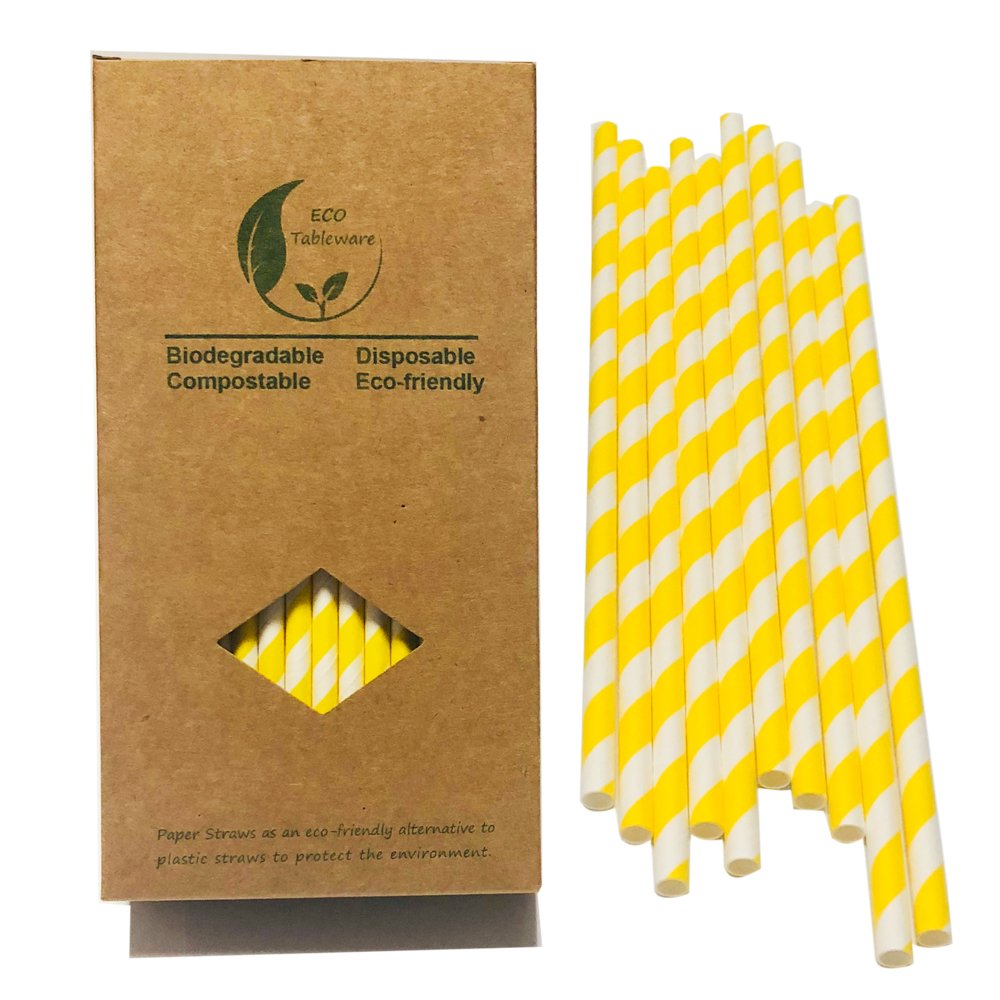 Photo 1 of 100 Pack Disposable Lemonade Paper Straws, Biodegradable Yellow Striped Drinking Straws for Cocktail Birthday DIY Arts Crafts