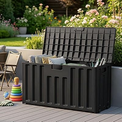76 Gallon Outdoor Deck Box with Wheels & Lockable Lid - Waterproof UV Resistant Resin Storage Box, Patio Bench Container for Garden Tools, Pool Accessories, Backyard Porch & Patio Cushions (Black)