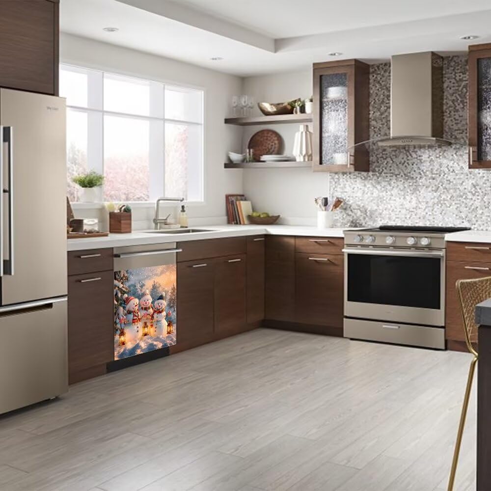 Winter Snowman Wallpaper Magnetic Dishwasher Cover Sticker,Kitchen Decorations Magnet Refrigerator Vinyl Decals for Home 23W x 26H inchs