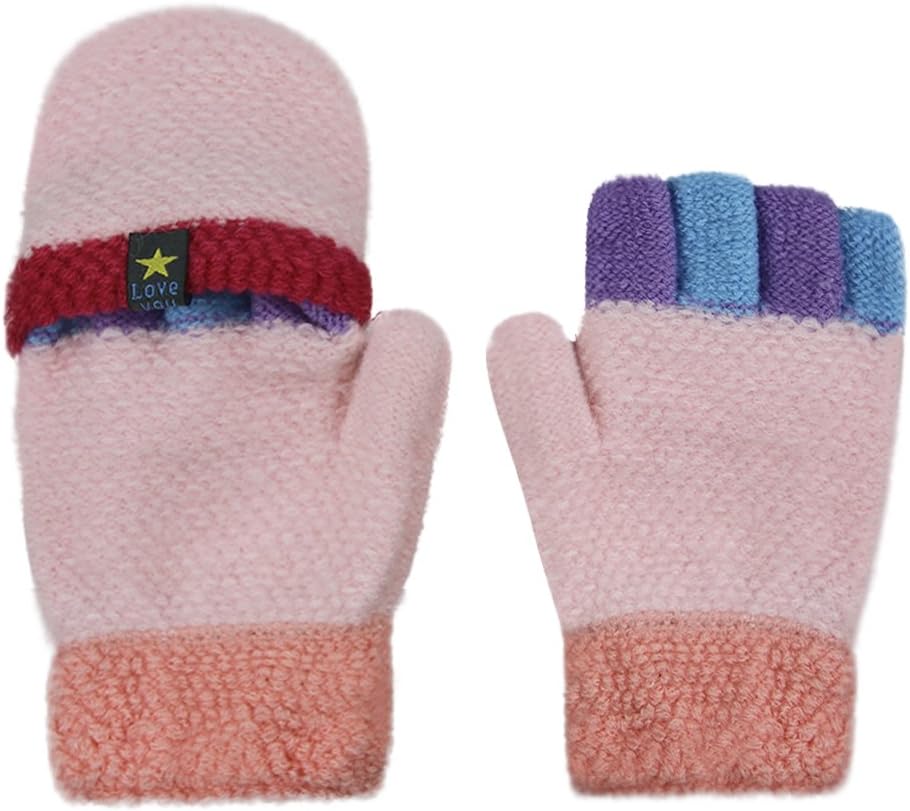 Cartoon Convertible Flip Top Gloves Toddler Kids Winter Wool Knit Fingerless Gloves with Mitten Cover for Girls Boys 2-15 Yrs - Image 3