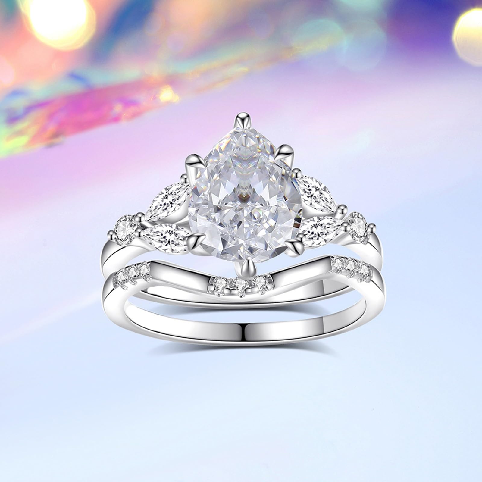 Set di fedi nuziali in oro bianco 18 carati per lei, elegante anello impilabile in moissanite a goccia da 2 carati, personalizzabile