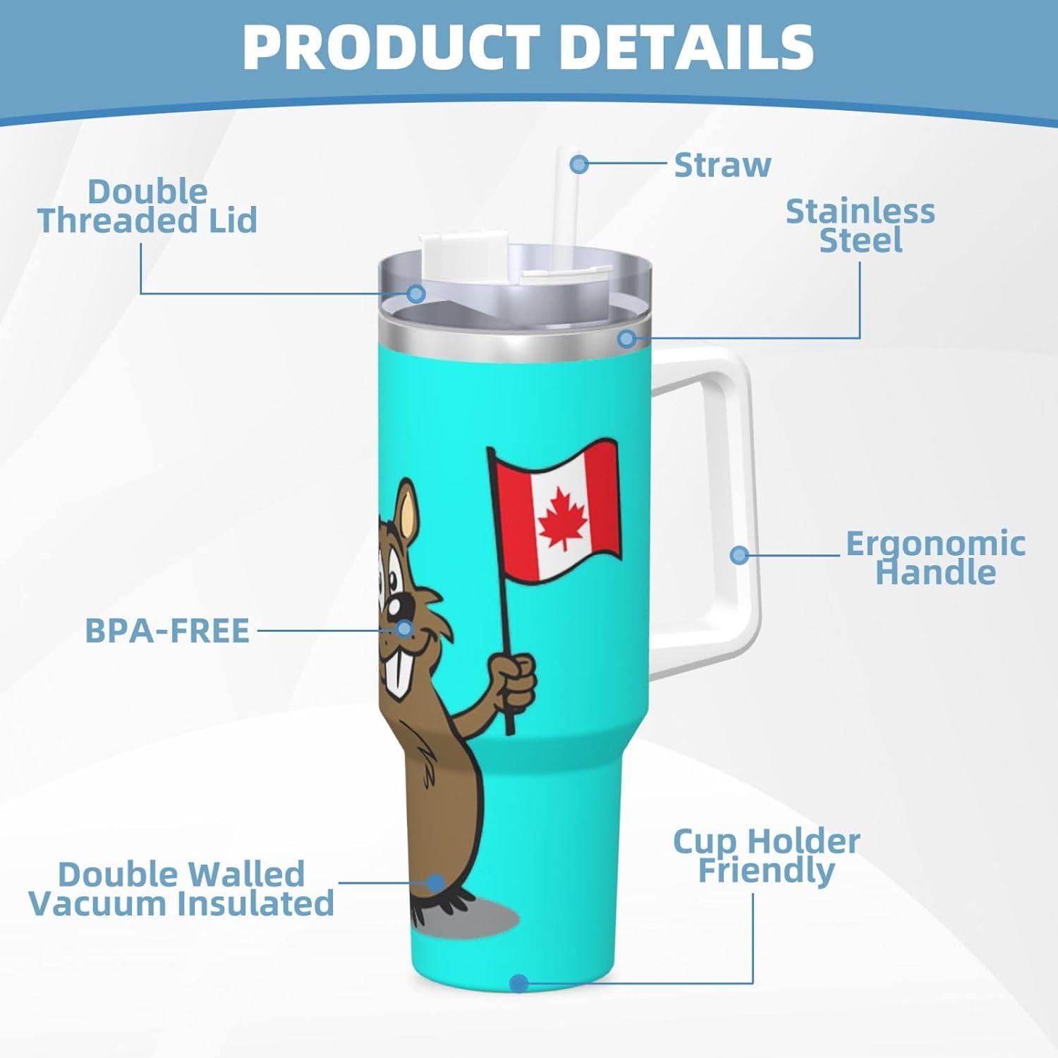 40 OZ Beaver Print Ice Bully Cup with Handle Straw Lid Straw,Stainless Steel Tumbler Coffee Cup