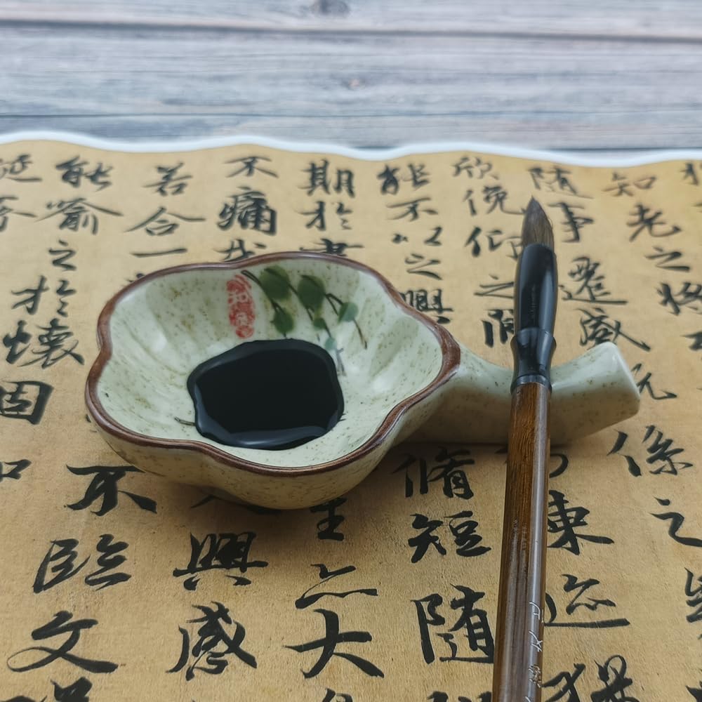 2 Pcs Multifunctional Inkwell Dish Porcelain Handmade Ink Well Inkstone with Brush Holder for Chinese Japanese Calligraphy Painting Practice