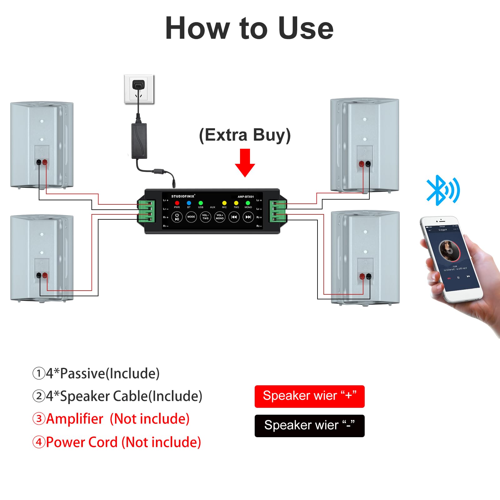 STUDIOFINIX Altavoces de Montaje en Pared de 5,25 Pulgadas, 600 W, Resistentes a la Intemperie, para Interiores y Exteriores, para Patio, Garaje, Hogar, 2 Pares (Blanco)