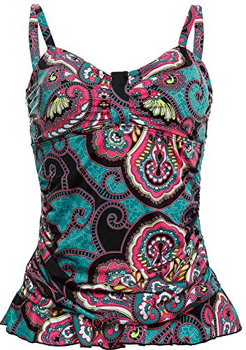 Image of Women's 50's Retro Ruched Tankini Swimsuit Top with Ruffle Hem Tummy Control