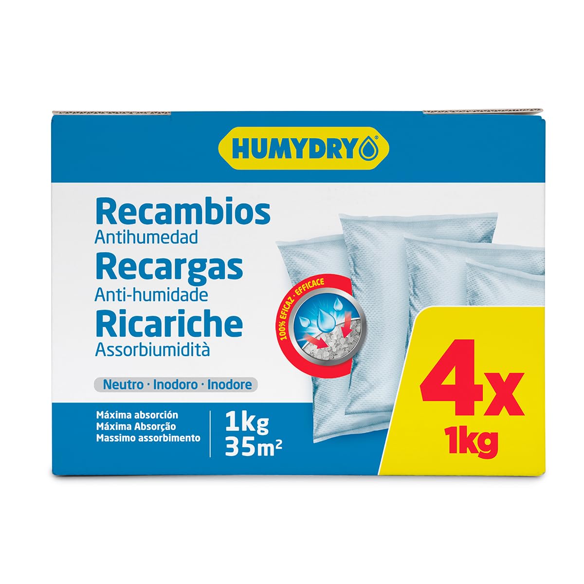 HUMYDRY - Pack 4 Recambio Deshumidificador 1kg – Sin Perfume – Absorbe la Humedad en Espacios de hasta 35 m² – Compatible con Aparatos 1 kg Premium y Magnum