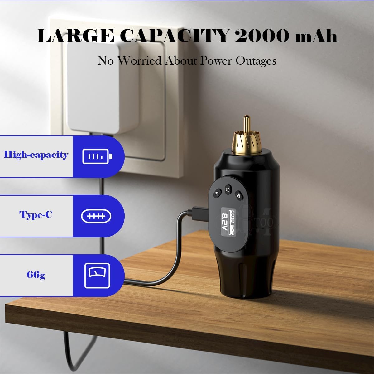 Tattoo Power Supply for Beginners Wireless Tattoo Battery Pack with OLED Display 2000mAh Adjustable 4-12V Output RCA Connection Type C Charging for Cordless Tattoo Machine Use,Black