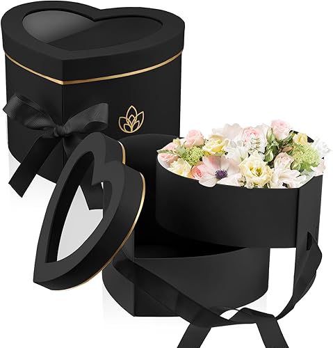 Nuanchu 2 cajas de flores en forma de corazón para el día de la madre con ventana transparente, cajas florales de papel con tapas, cintas de doble