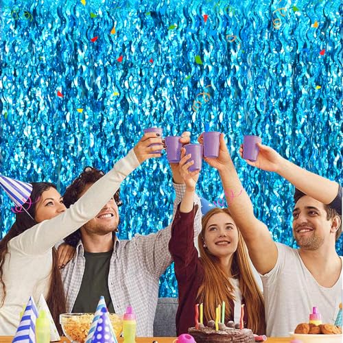 Image of TONIFUL 2Pcs Wavy Metallic Tinsel Foil Fringe Curtains Teal Blue Streamer Backdrop for Photo Booth Props,Party Door Wall Curtains,Bachelorette,Underwater World Birthday Party Decor (6.6ft x 6.6ft)