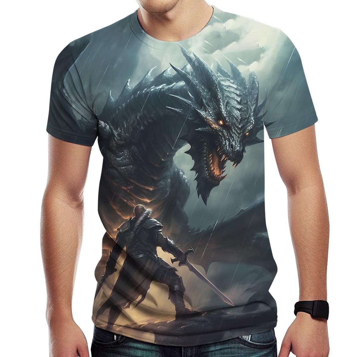 SrcnhimMen's Animal Shirt Retro Dragon 3D Printing Graphic Short Sleeve Top