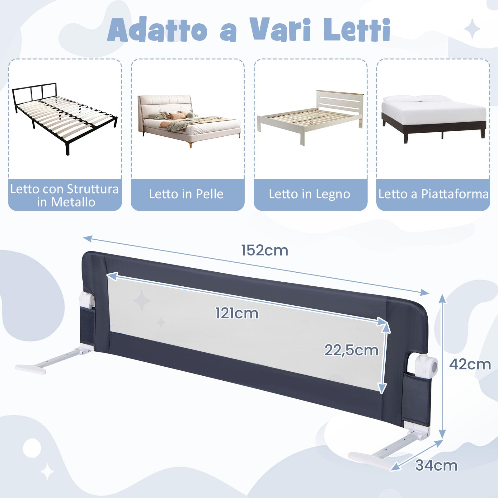 RELAX4LIFE Sponda Letto per Bambini 105/120/150cm, Barriera di Sicurezza, Traspirante e Pieghevole, Sbarra Letto per Letti Singoli e Matrimoniali (152x34x42cm, Grigio)