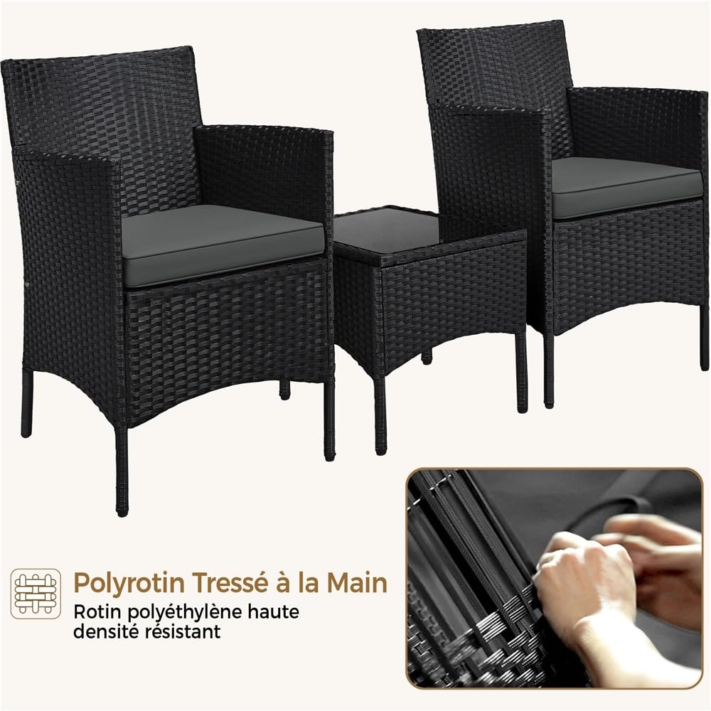 Yaheetech Salon de Jardin Exterieur Ensemble Mobilier de Jardin 2 Personnes Fauteuils et Table Basse Plateau Verre 2 Coussins Tressée pour Balcon Noir/Girs