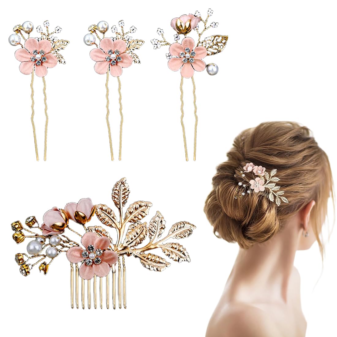 Set di 4 Fermagli Capelli Sposa, Pettine per Capelli da Sposa con Perle,Accessori Capelli Sposa con Strass Rosa,per Accessori per Capelli da Sposa Fascia da Sposa