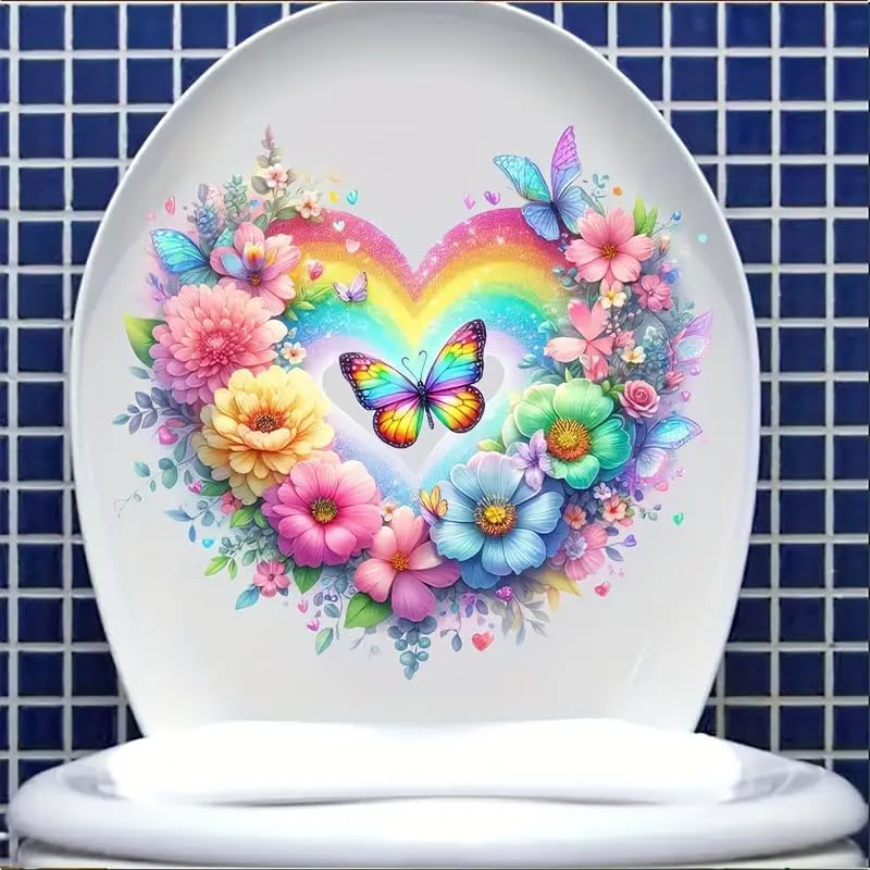 Heart Flower Bouquet Design Toilet Cover Sticker Decals,Fish Bird Flower Leaf Waterproof Toilet Lid Tank Seat Decals Cistern Self-Adhesive Bathroom Wall Sticker