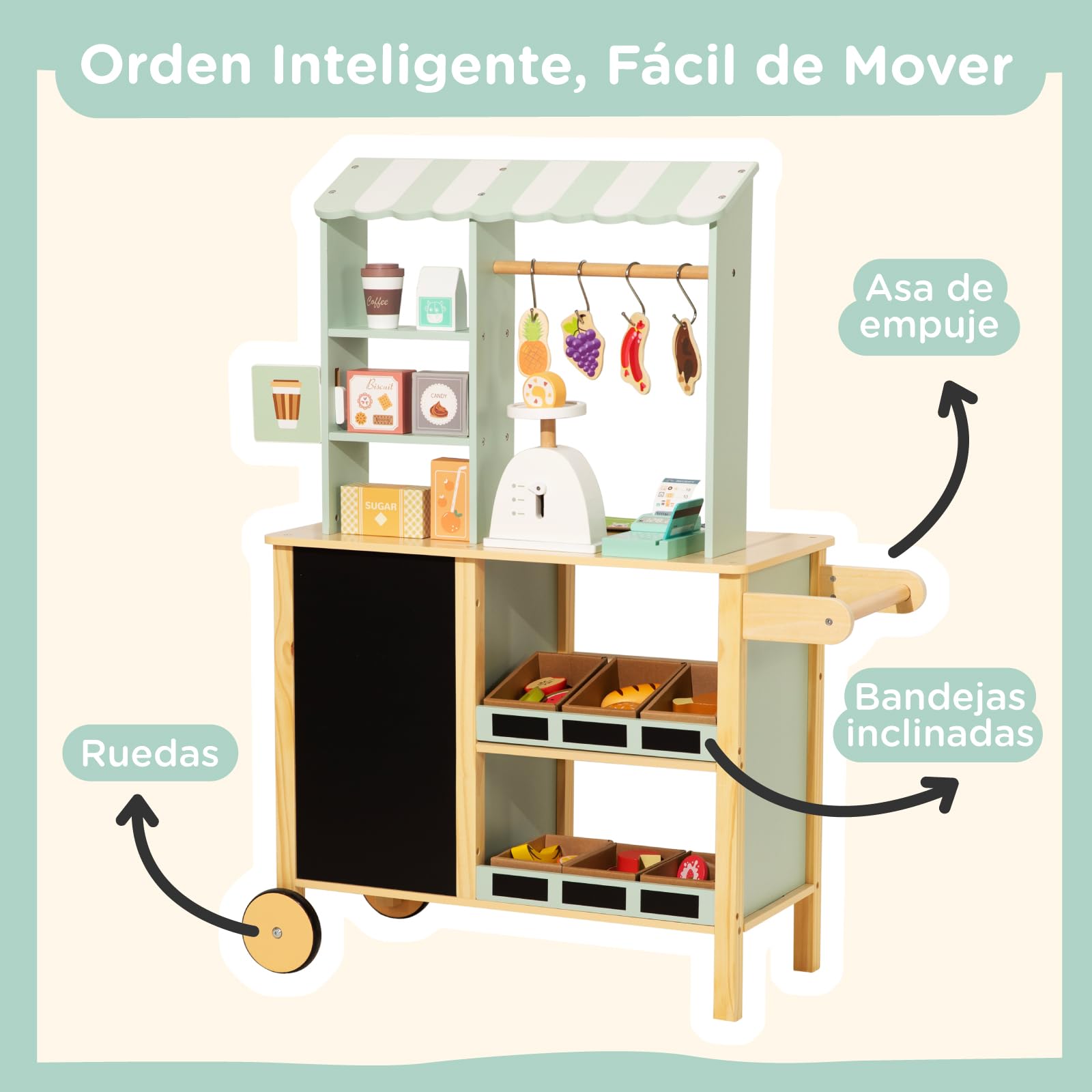 Nene Toys Tienda de Supermercado de Madera – Puesto de Mercado Todo‑en‑Uno con Caja Registradora, Balanza, Pizarra, Barra Colgante, Asa & Ruedas – Lado Reversible con Horno – Regalo Niños 3–7 Años