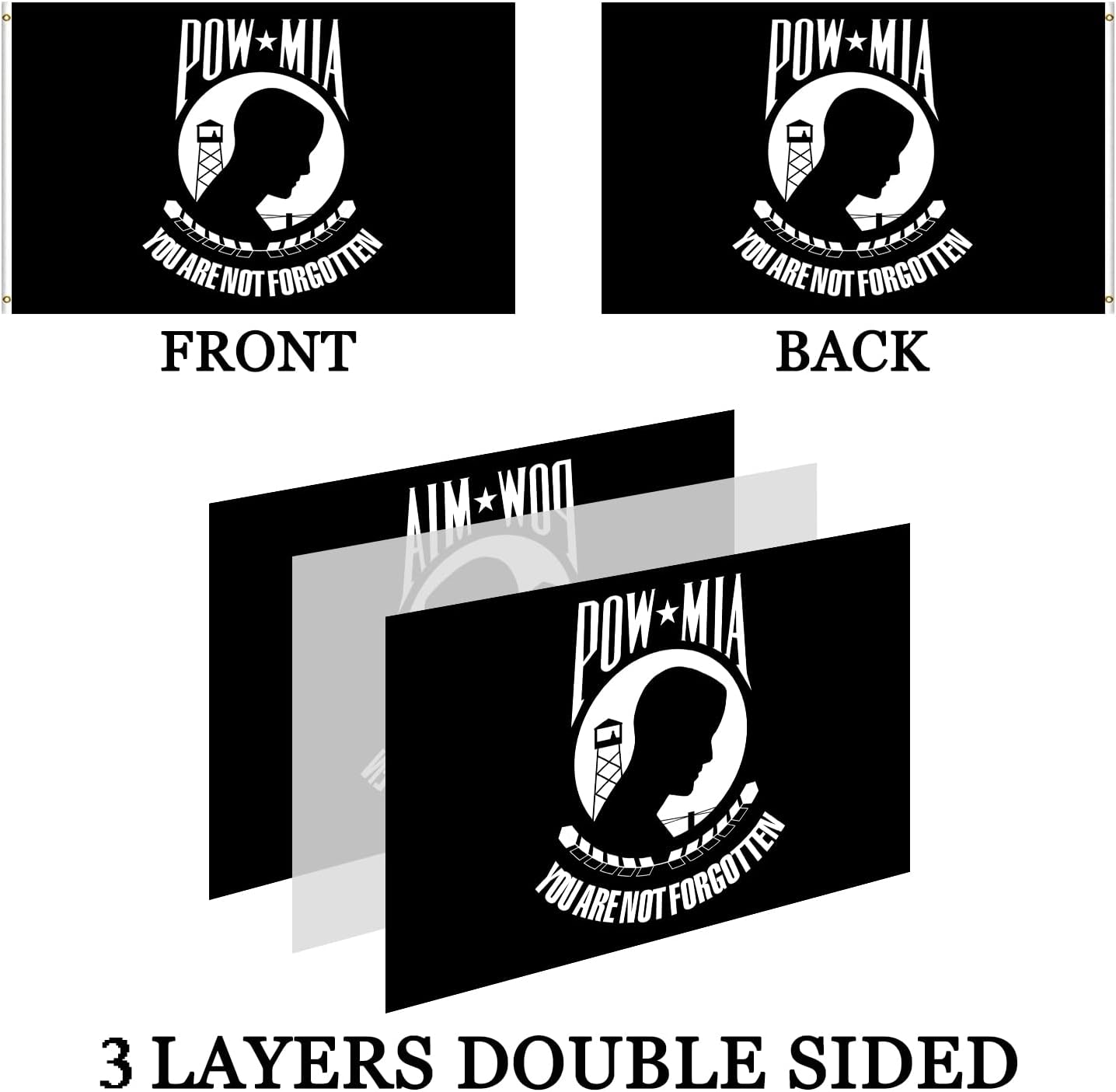 Double Sided Pow Mia Flag 5x8- Heavy Duty 3Ply 240D Polyester Vivid Colors- You Are Not Forgotten Prisoner of War Flag- 4 Rows Stitched and Canvas Header with 3 Brass Grommets