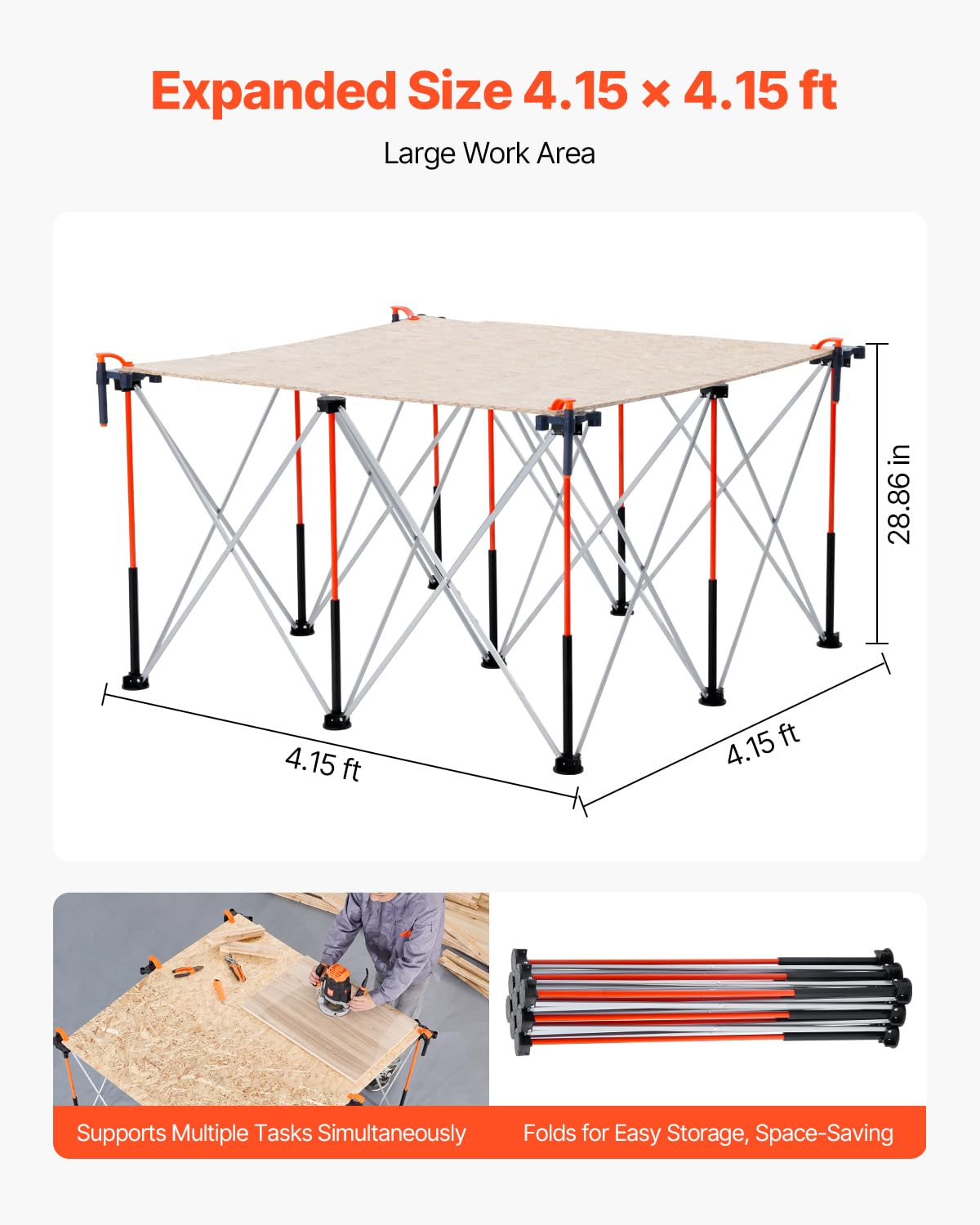 VEVOR Przenośny składany stół warsztatowy 1264 x 1264 mm składany stół roboczy bez montażu, obciążenie 1589 kg z torbą do przechowywania, blat stołu nie jest dołączony, do garażu, warsztatu
