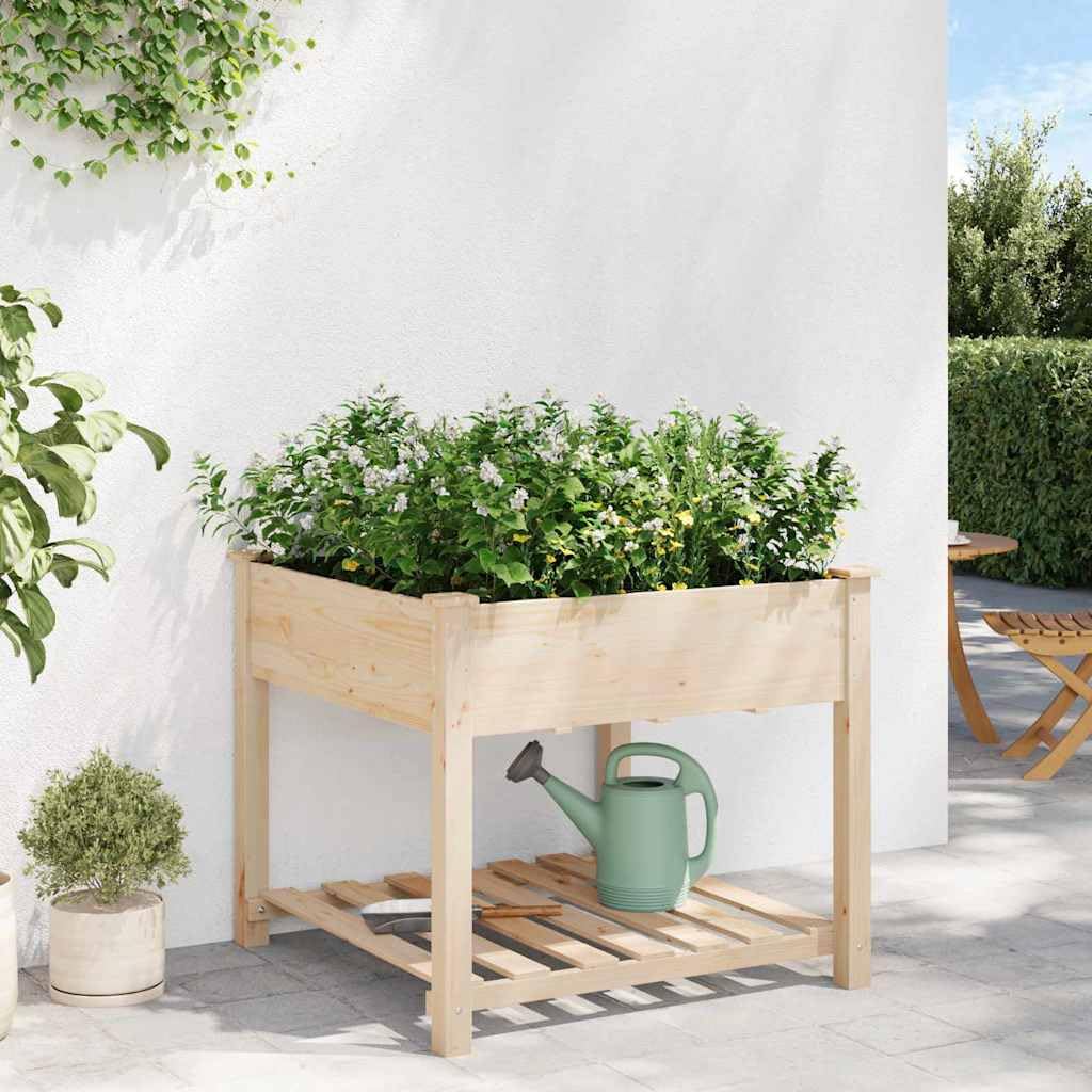 Jardinera con estante de madera para jardín, color beige, 90 x 90 x 76,5 cm | Práctica jardinera de madera de abeto para patio y jardín, ofrece espacio de almacenamiento adicional para utensilios.
