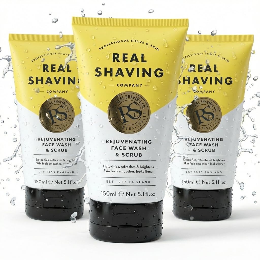 RSC Mens Rejuvenating Face Wash for Oily Skin - Exfoliating Face Wash and Scrub 3 Pack - Deep Pore Cleanser with Vitamin E & Aloe Vera - Face Wash for Sensitive Skin Men - 150g Each (450g Total)