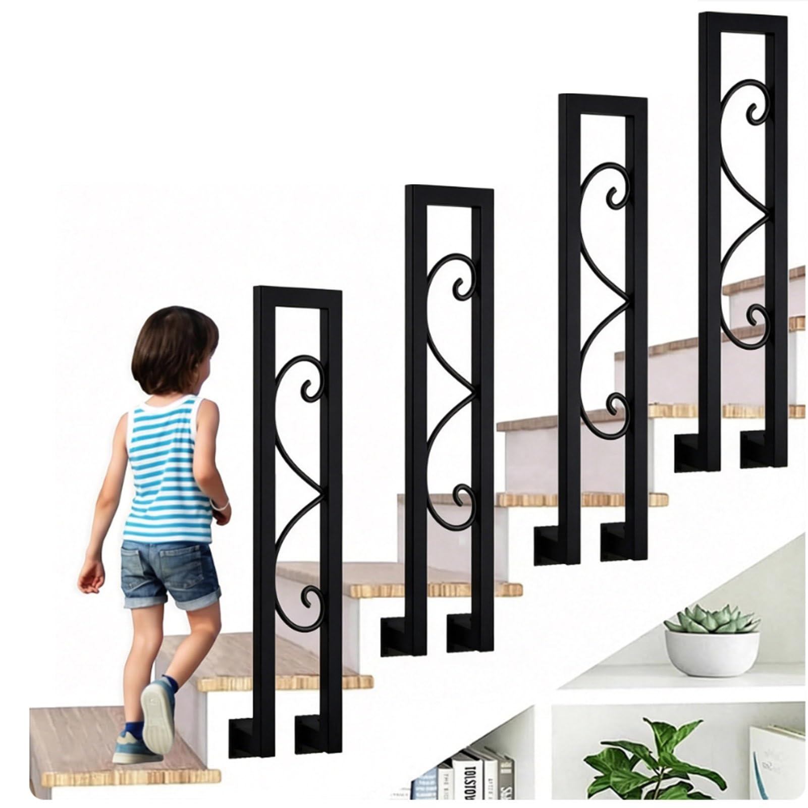 Gold Stair Handrail U-Shaped Hand Rail Industrial Iron | Stair Railing Guardrail Side Mount Banister Handrail Guardrail Kit for Outdoor Loft Villa Corridor(Black,100cm/39in)