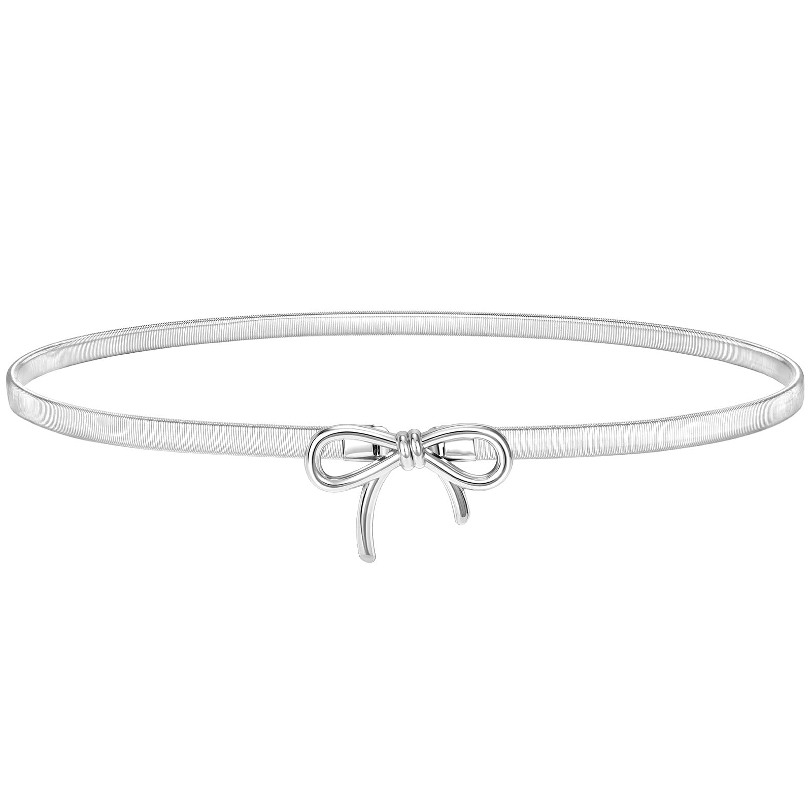Photo 1 of SANSTHS Silver Rhinestone Elastic Waist Belt for Women, Metal Skinny Ladies Belt for Dresses Wedding Party Formal Occasions, Silver S