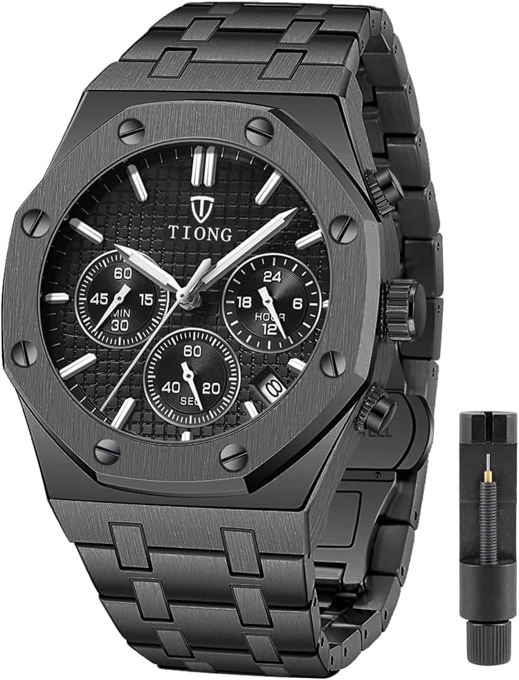 Mens Watches Chronograph Stainless Steel Waterproof Date Analog Quartz Watch Business Casual Fashion Wrist Watches for Men