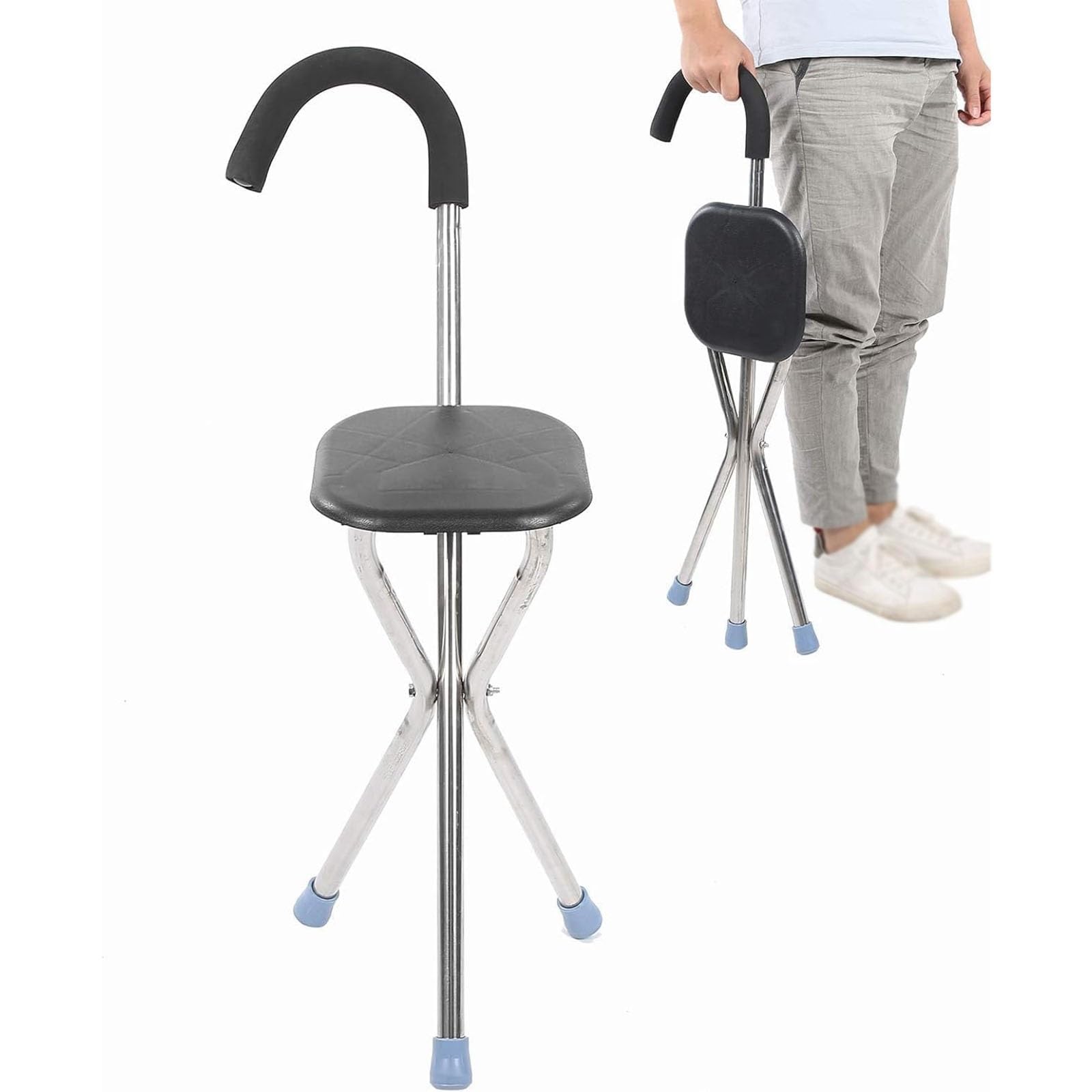 Bastón Trípode para Caminar Bastones Taburete Bastón Ortopédico Mango Ergonómico Silla con Muletas Plegable para Viajes para Ancianos y Discapacitados