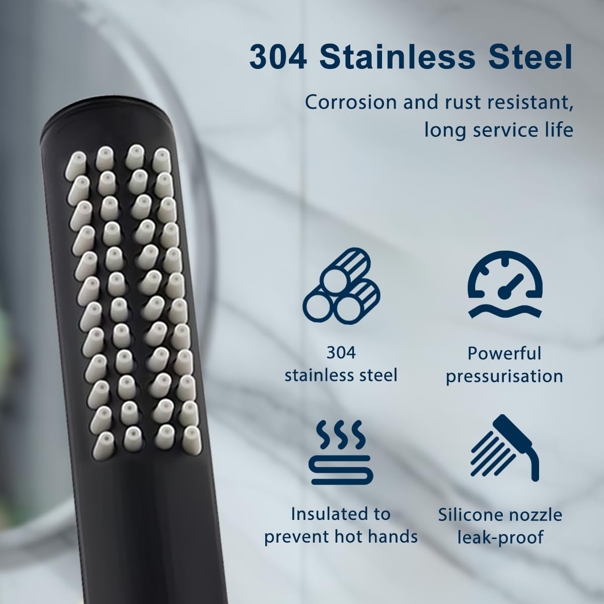 Drenky Black Handheld Shower Head Stainless Steel SUS304 High Pressure Water Saving Small Pencil Showerhead with 48 Rubber Nozzles Round Bar Shower Head - Image 4