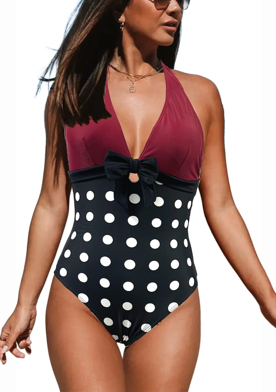 JFAN Trajes de Baño Vintage con Lazo en V Bañadores Mujer de Una Pieza Bañador Mujer Reductor Barriga