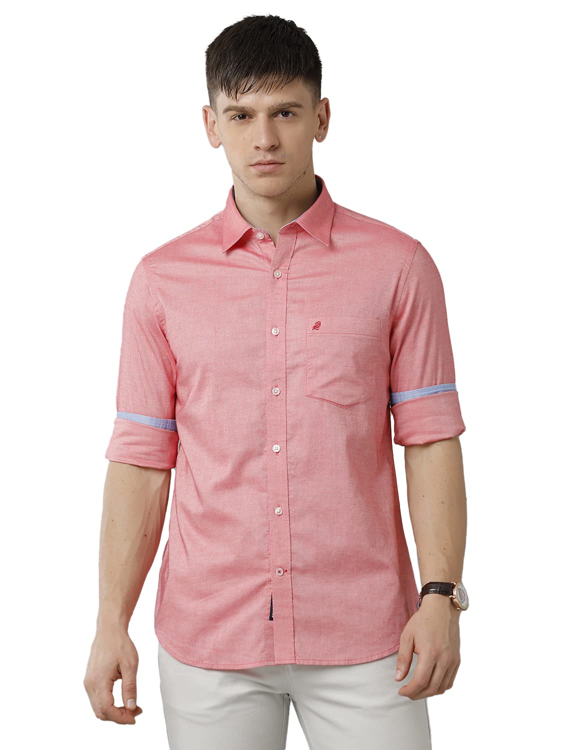 Double TWO Men Solid Pink Pointed Collar Long Sleeves 100% Cotton Slim Fit Casual Shirt