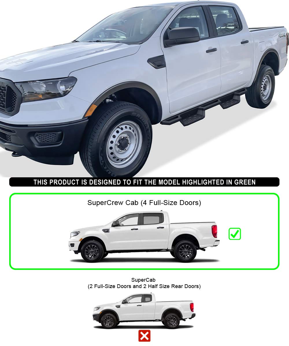 APS 304 Stainless Steel 6.5in Nerf Bars Pocket Steps Square Tube Rocker Guards Compatible with Ford Ranger SuperCrew Cab 19-23