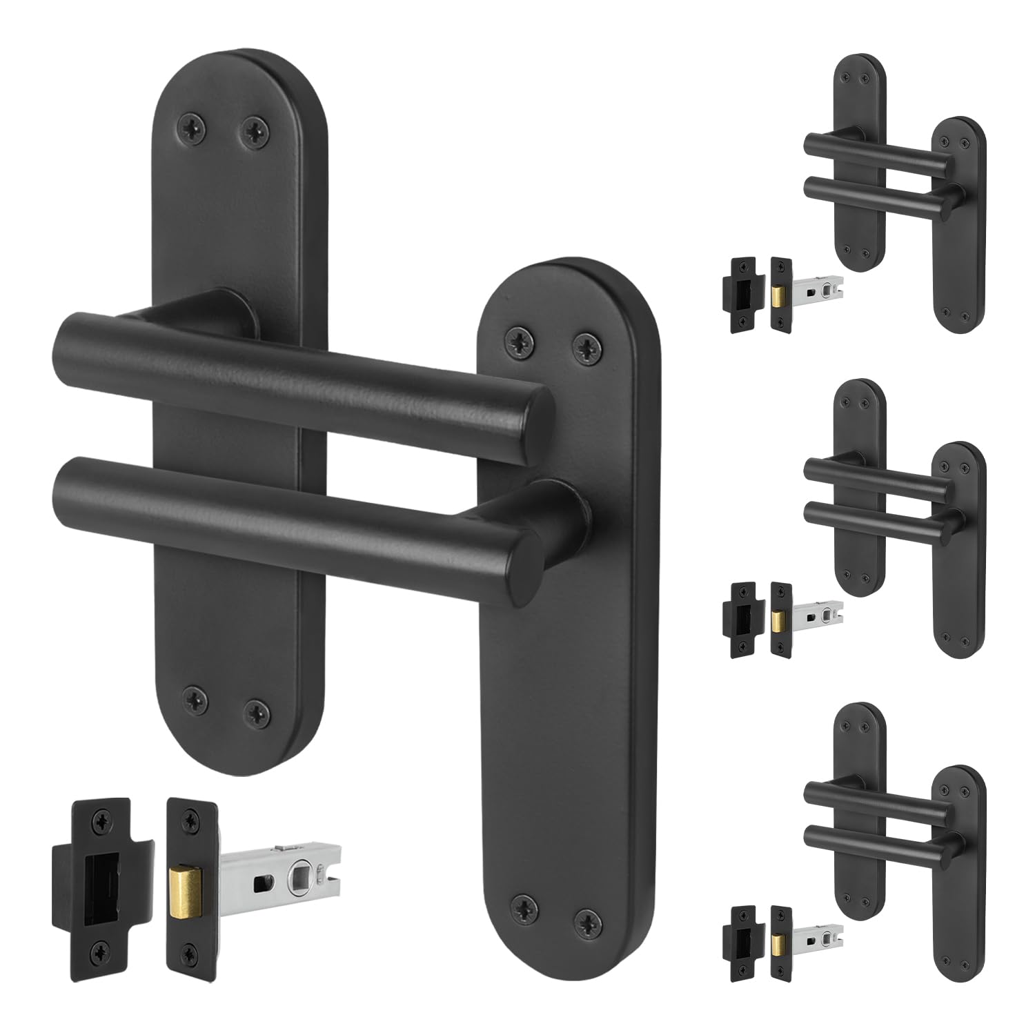 EAI Black Door Handle Latch Set, 4 Pairs of Matt Black Internal Lever T-Bar Handles Backplate Latches (64mm) - Oliena