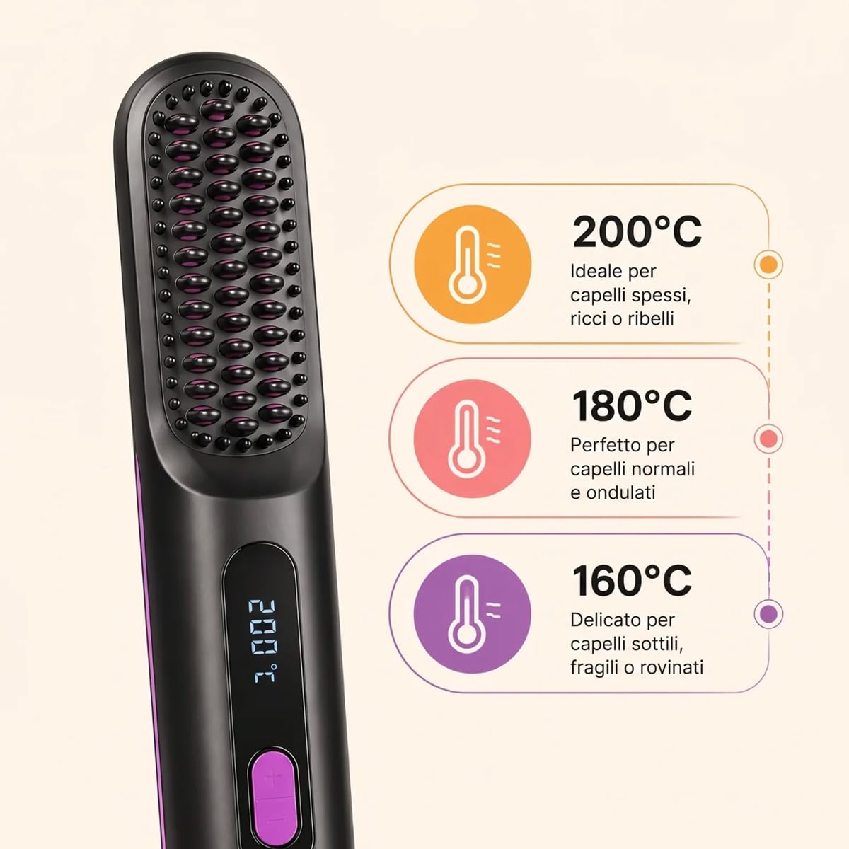 Alegra Heating Brush, Wireless Hot Styling Brush with 3PX Ceramic Bristles, 3 Temperature Levels, Anti Scald, Lasting Volume for Pixie, Bob and Fringes (Black)