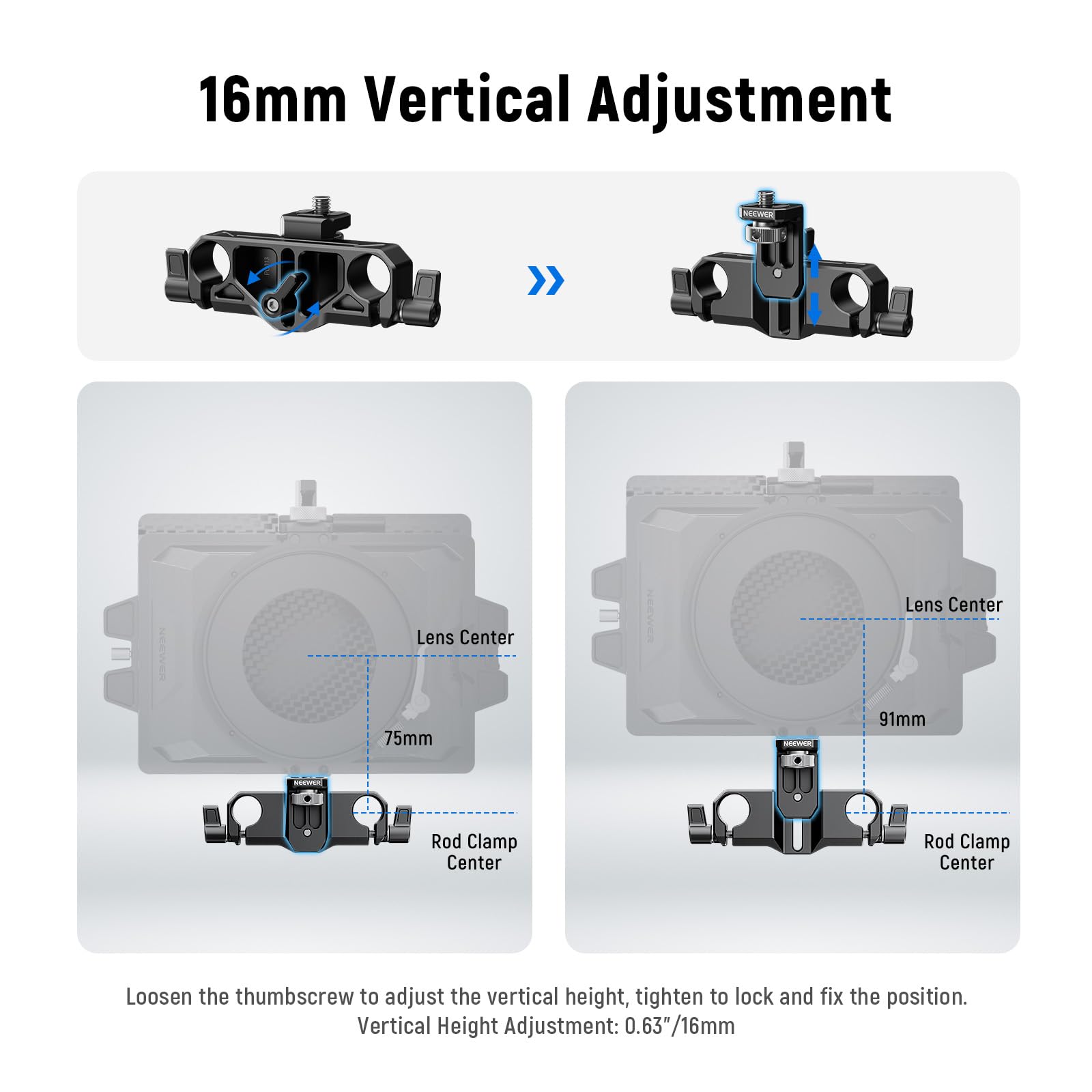 NEEWER Matte Box Support, LWS 15mm Dual Rod Clamps with 1/4" Screw & 0.9"/22mm Vertical Adjustment - Image 3