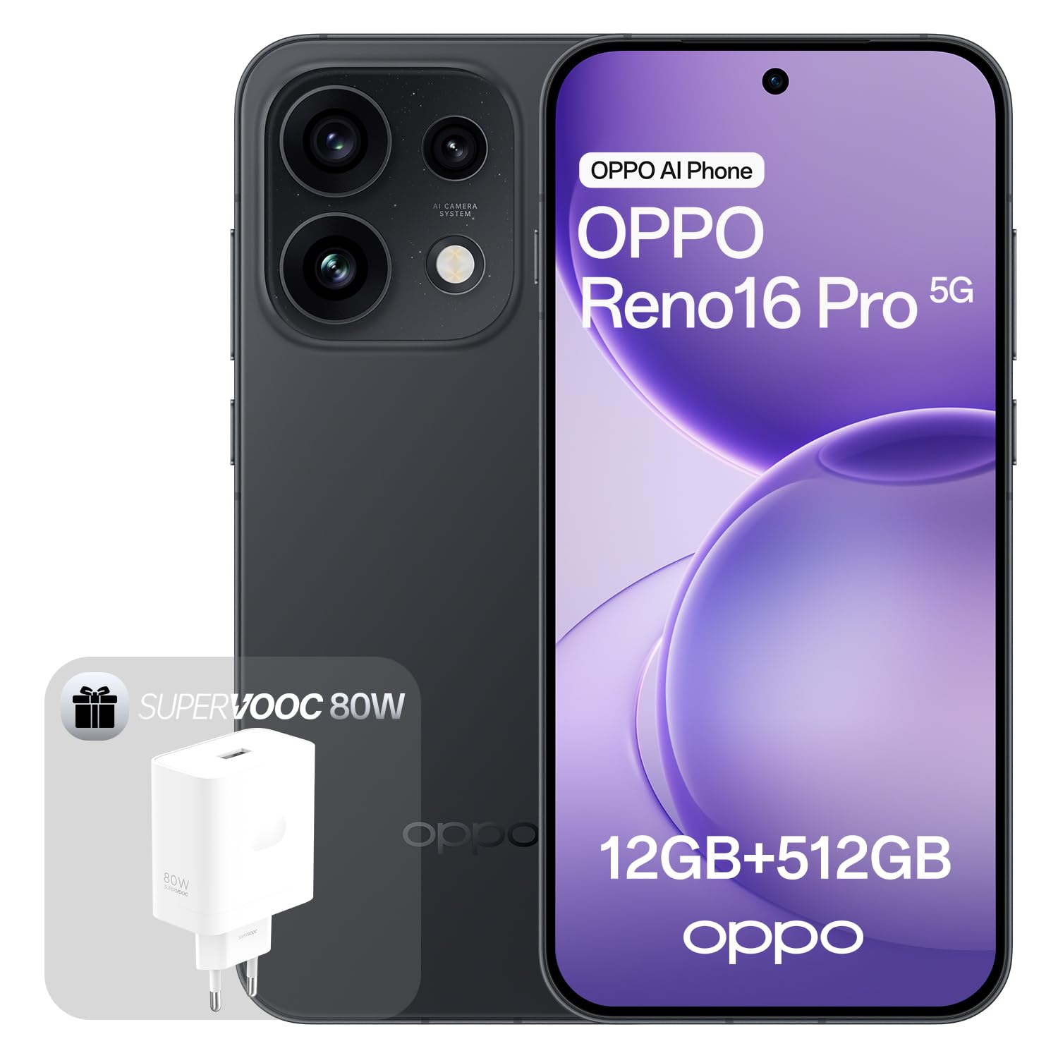 OPPO Reno16 Pro 5G Smartphone Débloqué, 12+512Go, Quad Camera 200MP, Vidéo Stable 4K, Écran AMOLED 6.32" 120Hz, 6000mAh, MediaTek Dimensity 8550, IP69K, Starlight Black (Chargeur 80W SUPERVOOC Inclus)