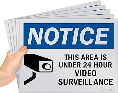 SmartSign (Pack of 5) 9 x 12 inch “Notice - This Area Is Under 24 Hour Video Surveillance†Sign, Screen Printed, 10 mil Polystyrene Plastic, Blue/Black on White
