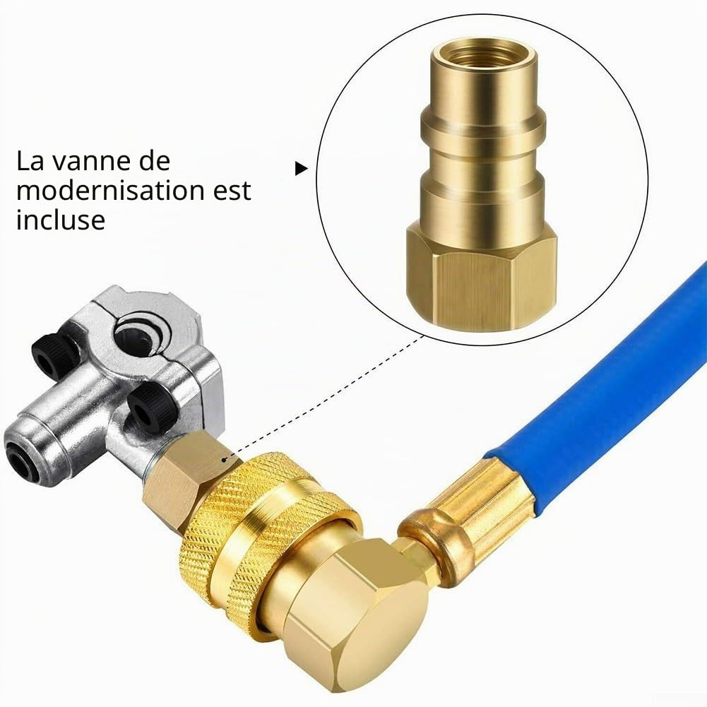 BPV31 Kit de valve de robinet de perçage compatible avec les tuyaux de 6,35 mm de diamètre extérieur, 5/16" et 3/8", Kit de tuyau de recharge R134a pour manomètre de réfrigérateur