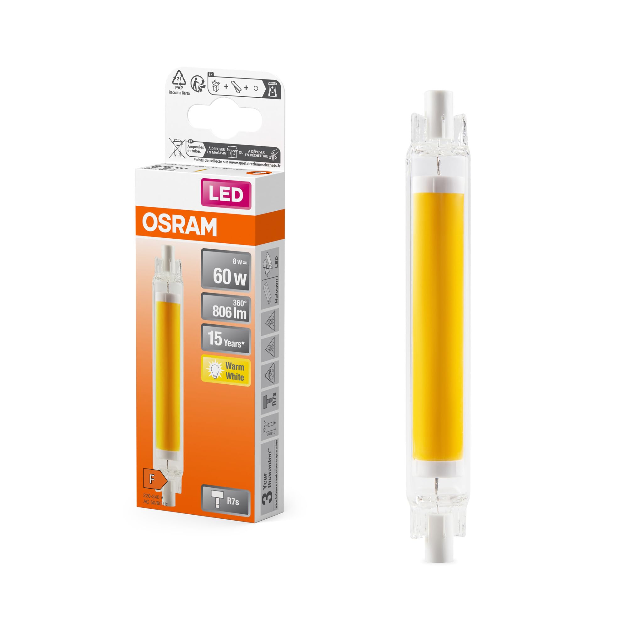 OSRAM Lampada LED multicolore sottile LED Slim Line con attacco retrofit R7s, 8 W / 806 lm, luce bianca calda e trasparente con 2700 K, non dimmerabile, IP20, vetro senza piombo, diametro 16 mm.