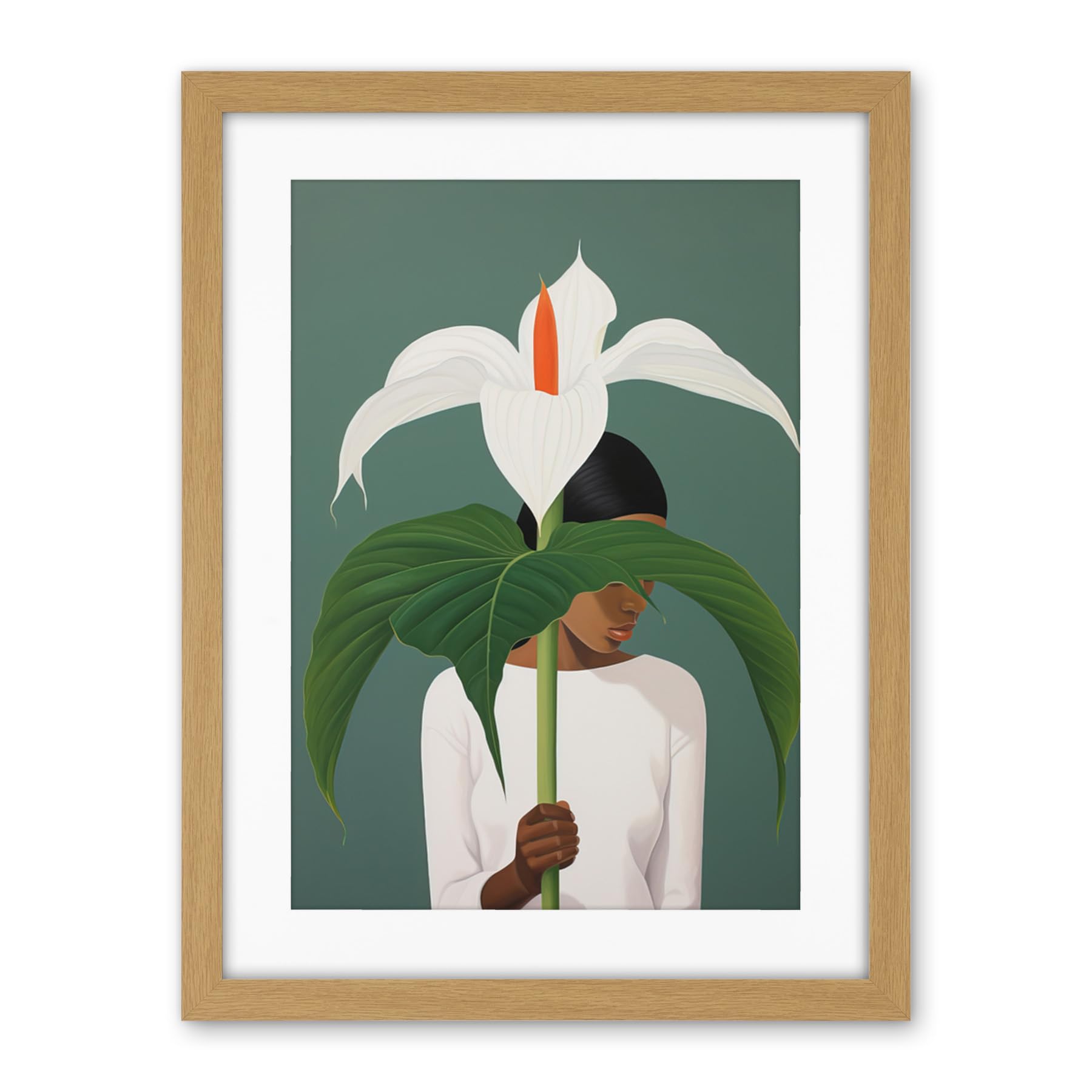 Artery8 Giant Peace Lily Showcase Realistic Oil Painting White Teal Green Woman with Flower Minimalist Artwork Framed Wall Art Print 18X24 Inch