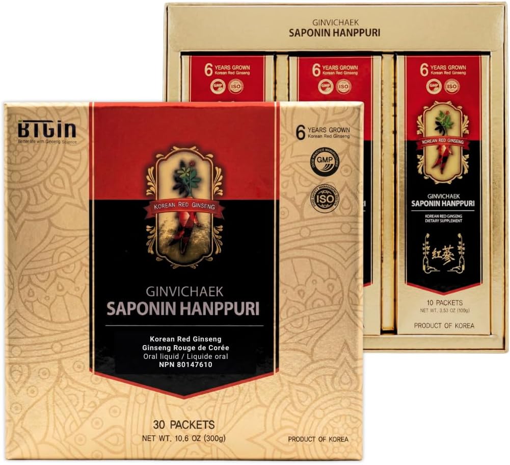 Saponin Hanppuri Everyday Korean Red Panax Ginseng Extract Stick - 3000mg High Potency Liquid Supplement - Caffeine Free Energy & Immune Support - 30 Packets