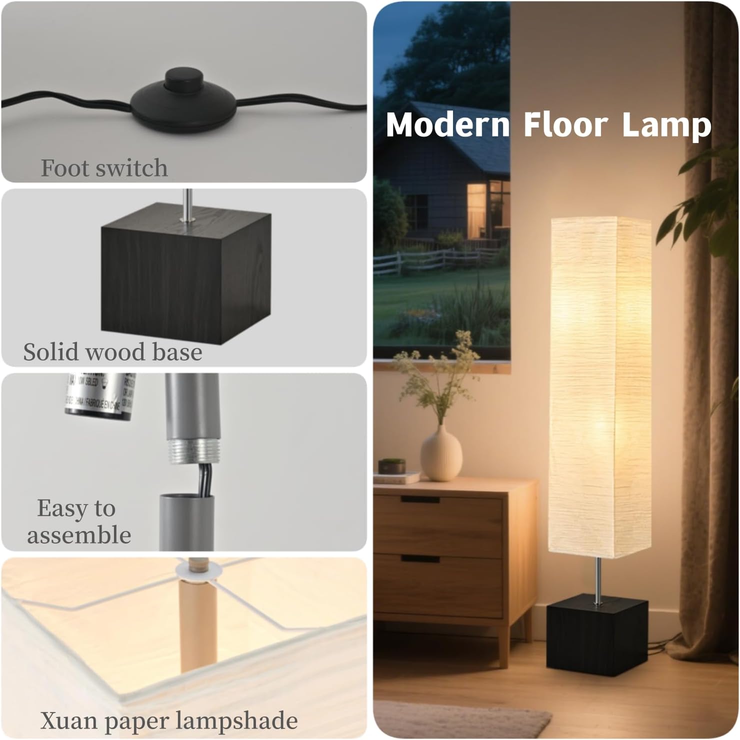 Buu & Morn Modern Floor Lamp with Footswitch, White Paper Shade, Black Wood Base, 57.8 Inch Height, E26 Socket, 120V