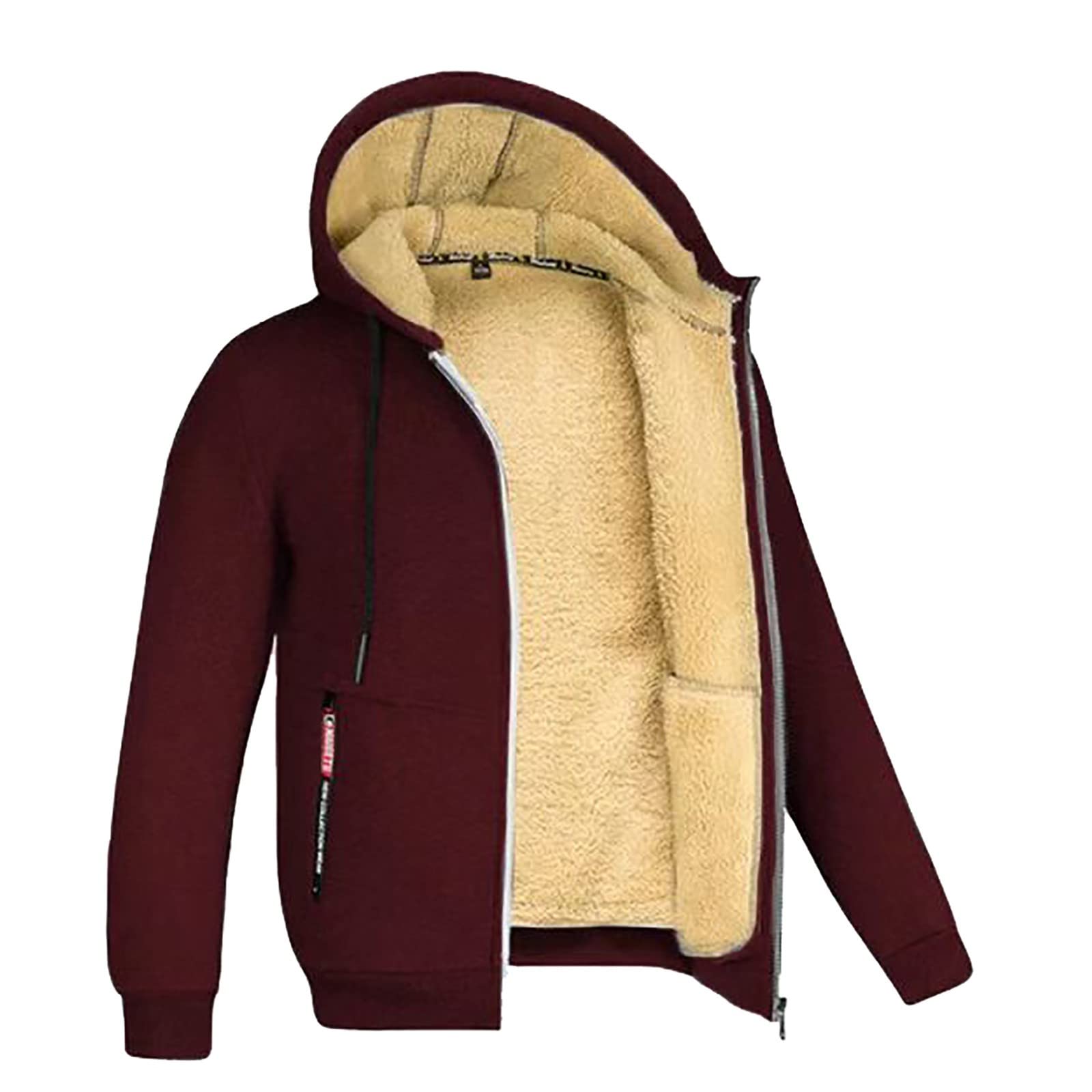 Generisch Giacca invernale da uomo con cappuccio, felpa da uomo, in pile, con zip spessa, tinta unita, per autunno e inverno, con cappuccio