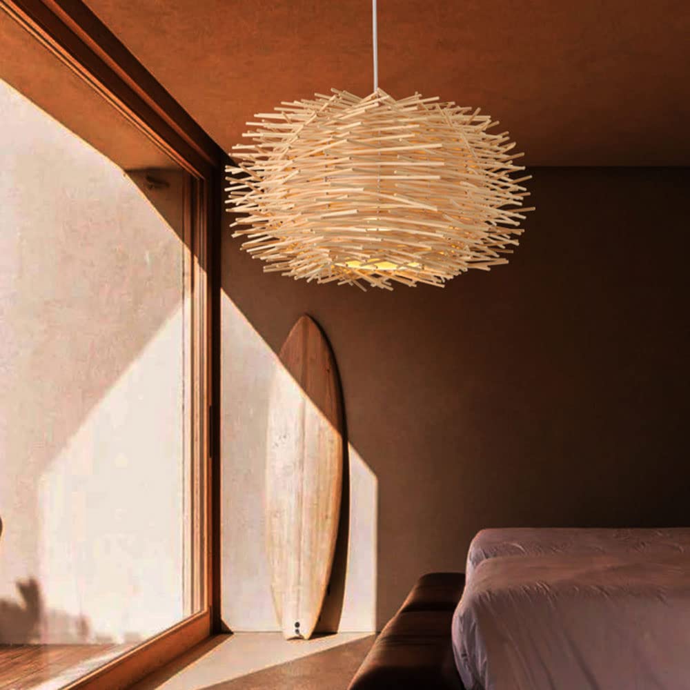 Lampada a Sospensione in Stile Cinese con Paralume Intrecciato a Nido d'uccello, Lanterna in Vimini Naturale, Finiture in Metallo Beige, Lampada a Sospensione Intrecciata a Mano per Isola Cucina