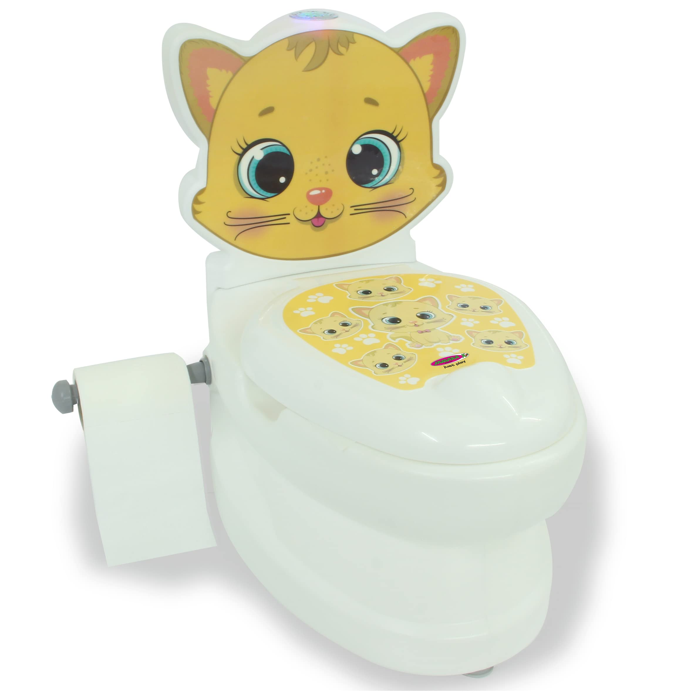 La mia piccola toilette gatto con suono e porta carta igienica – facile da pulire, bottoni a ventosa per una buona tenuta, supporto per carta igienica, schienale rimovibile, luce a LED