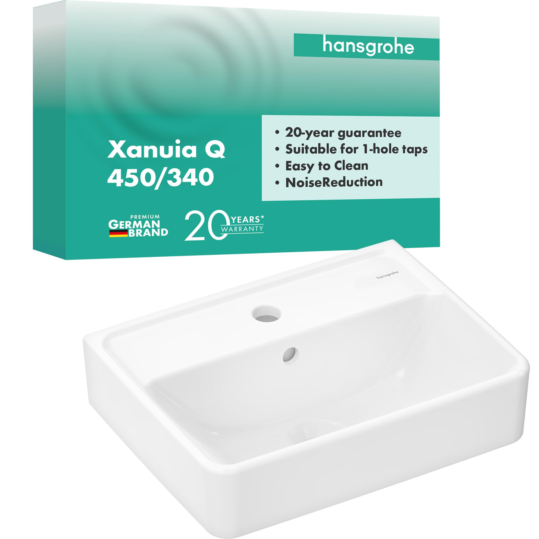 hansgrohe Xanuia Q - Handwaschbecken, kleines Waschbecken 450 x 340 x 105 mm mit Hahnloch und Überlauf, Waschbecken Gäste WC wandhängend, Weiß, 60130450