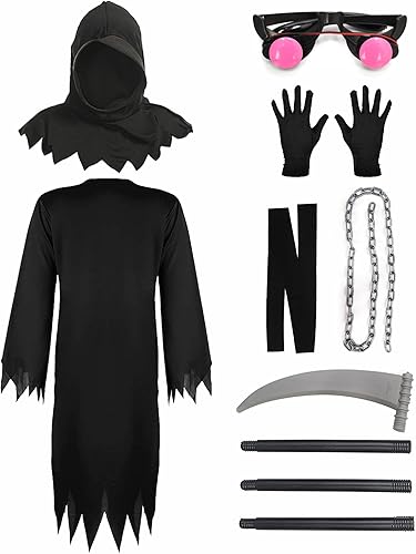 Miniatura 2 de Nabobs Disfraz de la parca para niños, disfraces aterradores con ojos rojos brillantes, cosplay de Halloween con juguetes de plástico para niños y